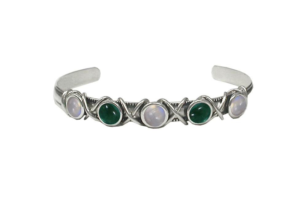 Sterling Silver Cuff Bracelet With Rainbow Moonstone And Fluorite